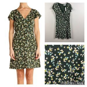 Ann Taylor Loft green ditsy mini floral bouquet v neck faux wrap dress